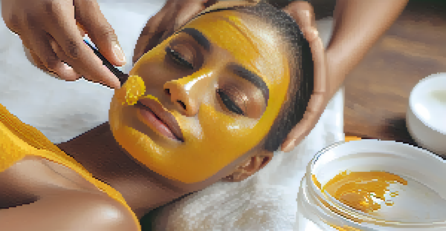 A close-up of a model applying a yellow turmeric face mask, surrounded by natural skincare ingredients like honey and aloe vera, in a softly lit environment.