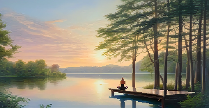 A peaceful sunrise over a tranquil lake with a person practicing yoga on a dock.
