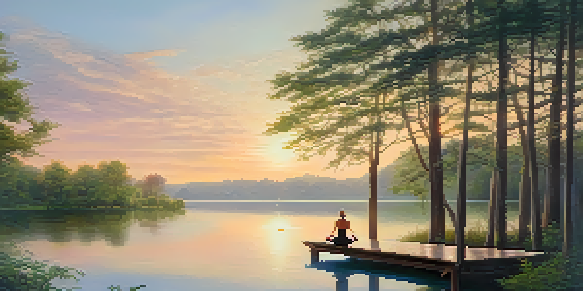 A peaceful sunrise over a tranquil lake with a person practicing yoga on a dock.