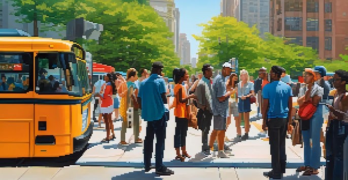A diverse group of people at a bus stop in a sunny urban environment, with bicycles and buses in the background, illustrating the importance of public transportation.