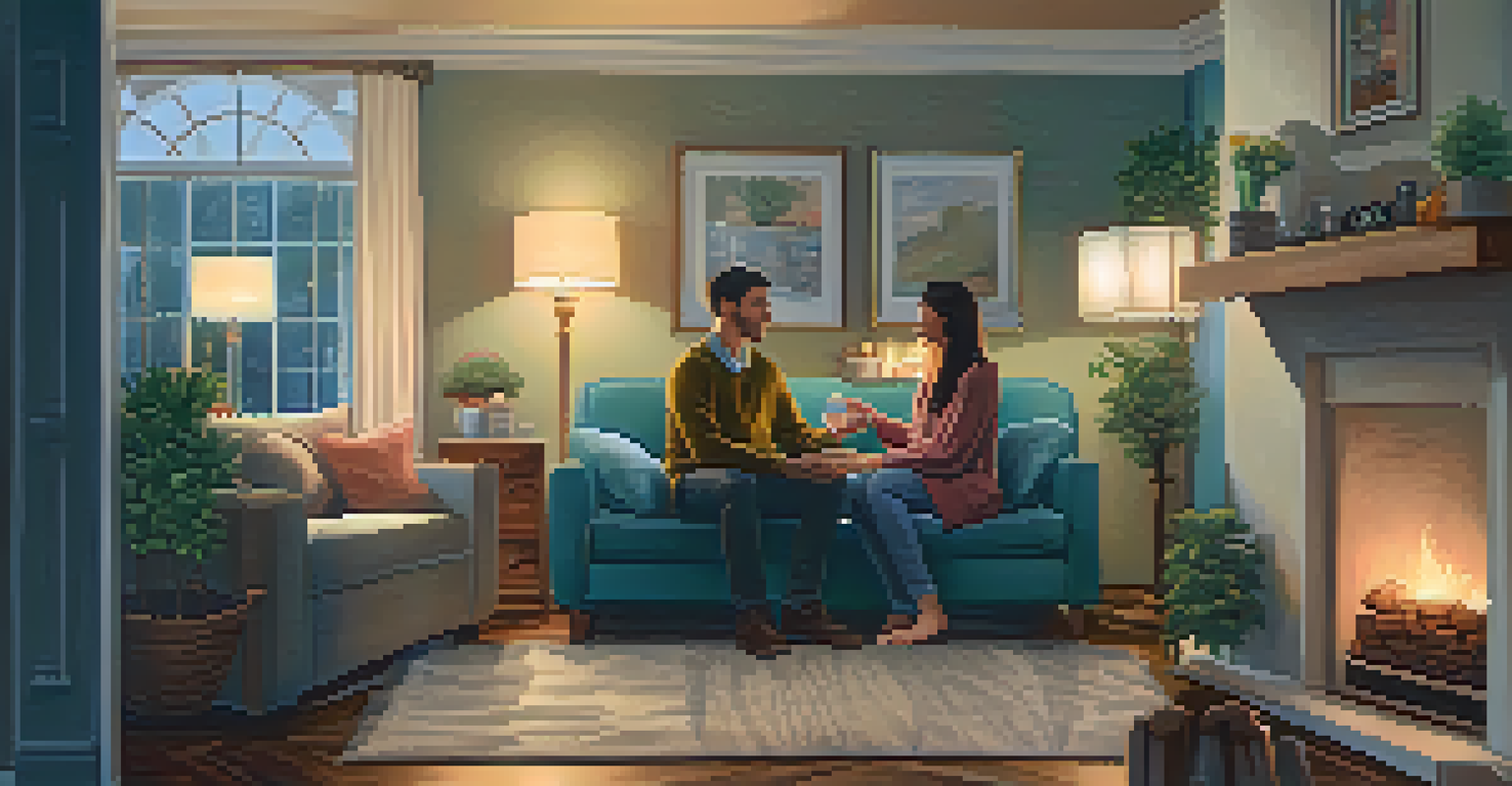 A couple sitting together in a warm home environment, holding hands and talking, conveying emotional support.