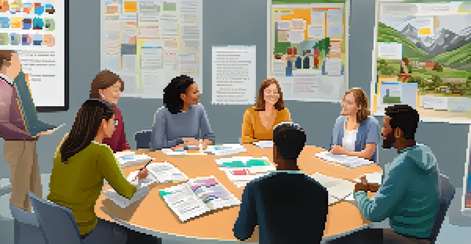 Parents and teachers gathered around a table discussing mental health initiatives with pamphlets and a whiteboard.