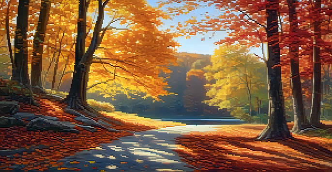 A peaceful autumn landscape with colorful fall trees, a reflective lake, and a pathway covered in leaves.