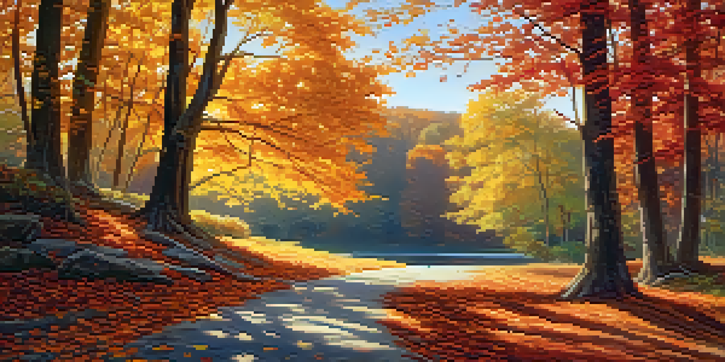 A peaceful autumn landscape with colorful fall trees, a reflective lake, and a pathway covered in leaves.