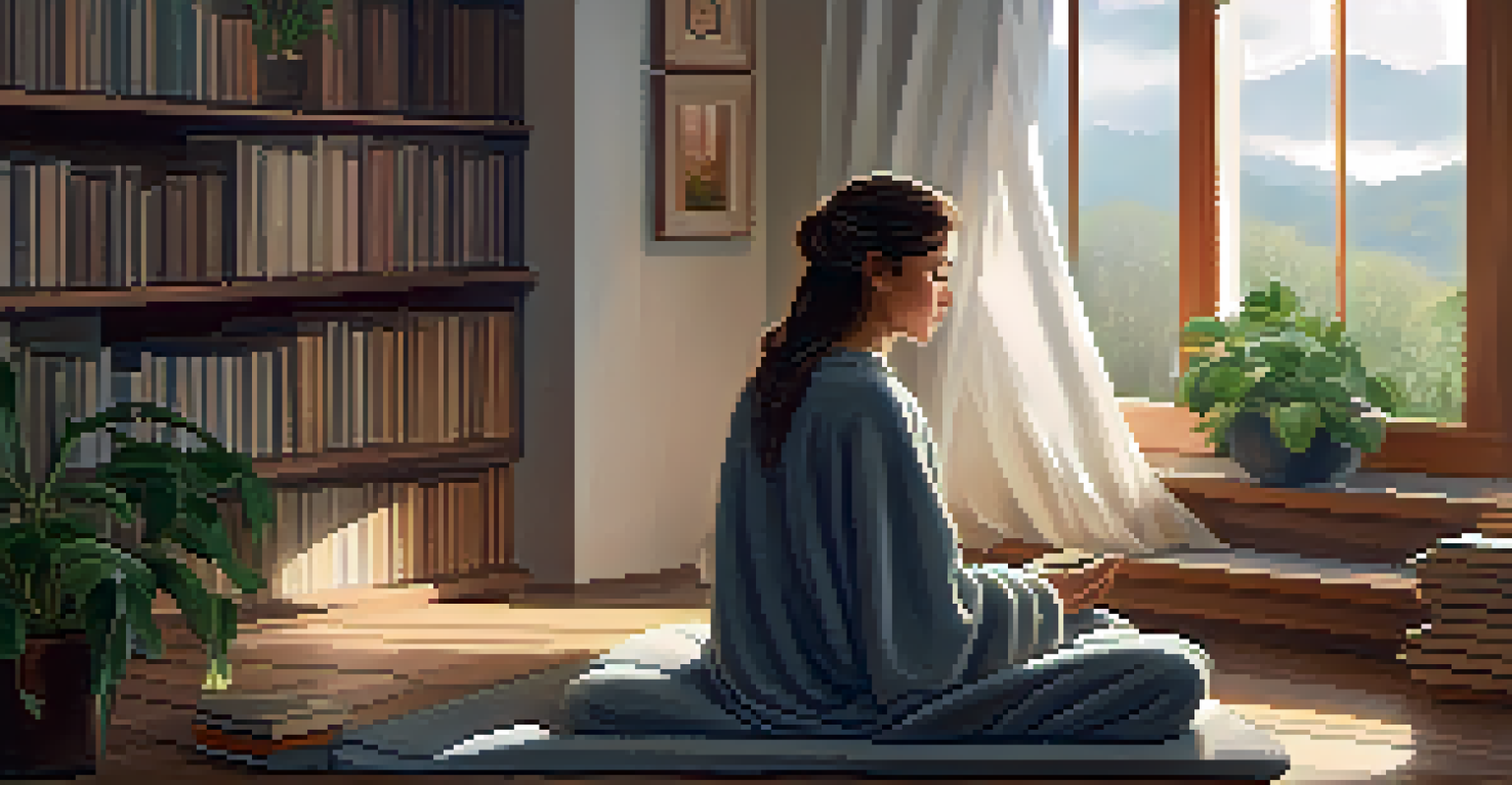 A person meditating indoors by a window with natural light, surrounded by plants and books.