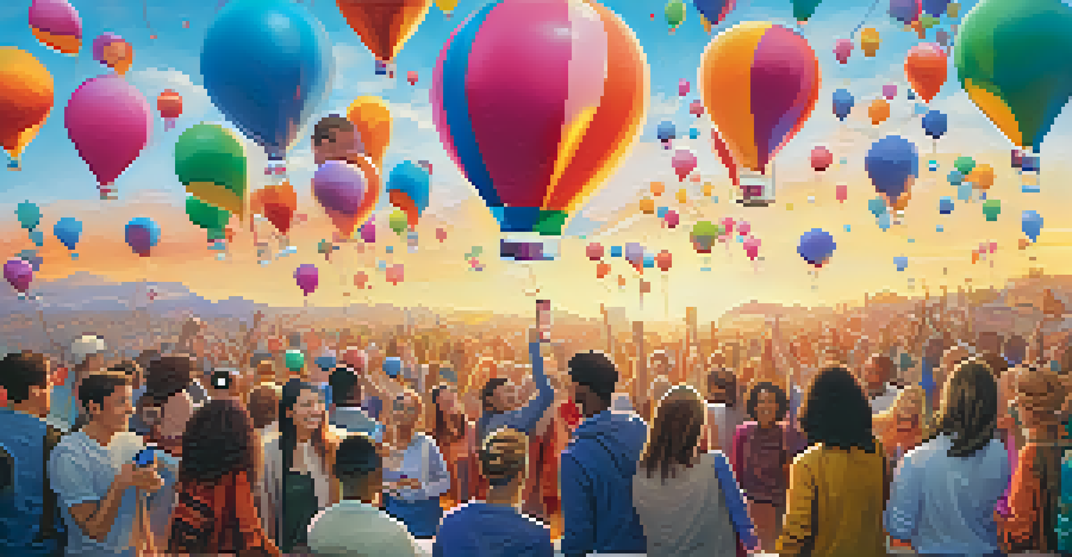A digital world with social media icons as balloons, where diverse people are smiling and engaging in a vibrant community.