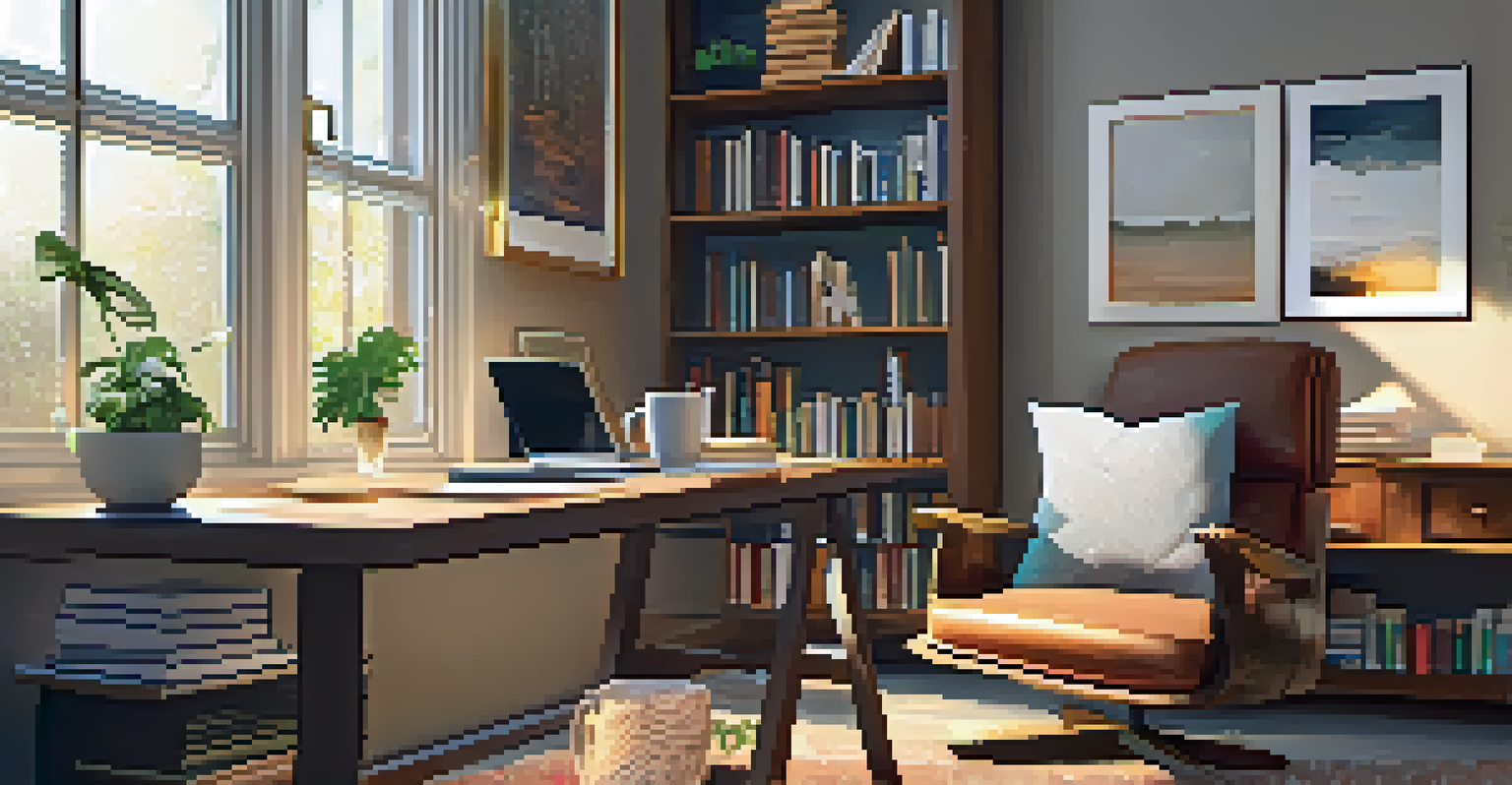 A cozy home office with a desk, laptop, and books on mental health, illuminated by natural light.