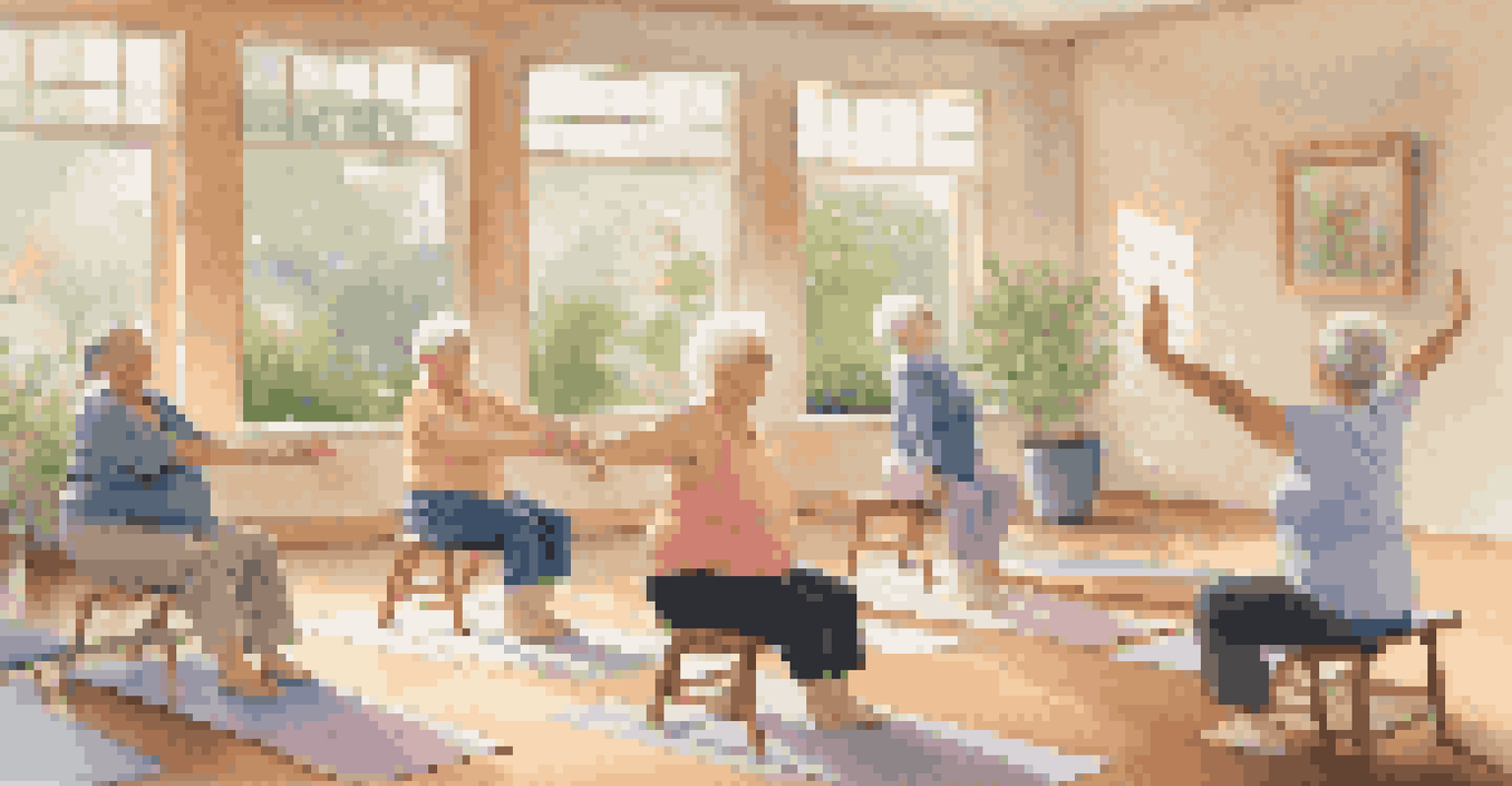 Seniors practicing chair yoga in a sunlit, peaceful room filled with plants.