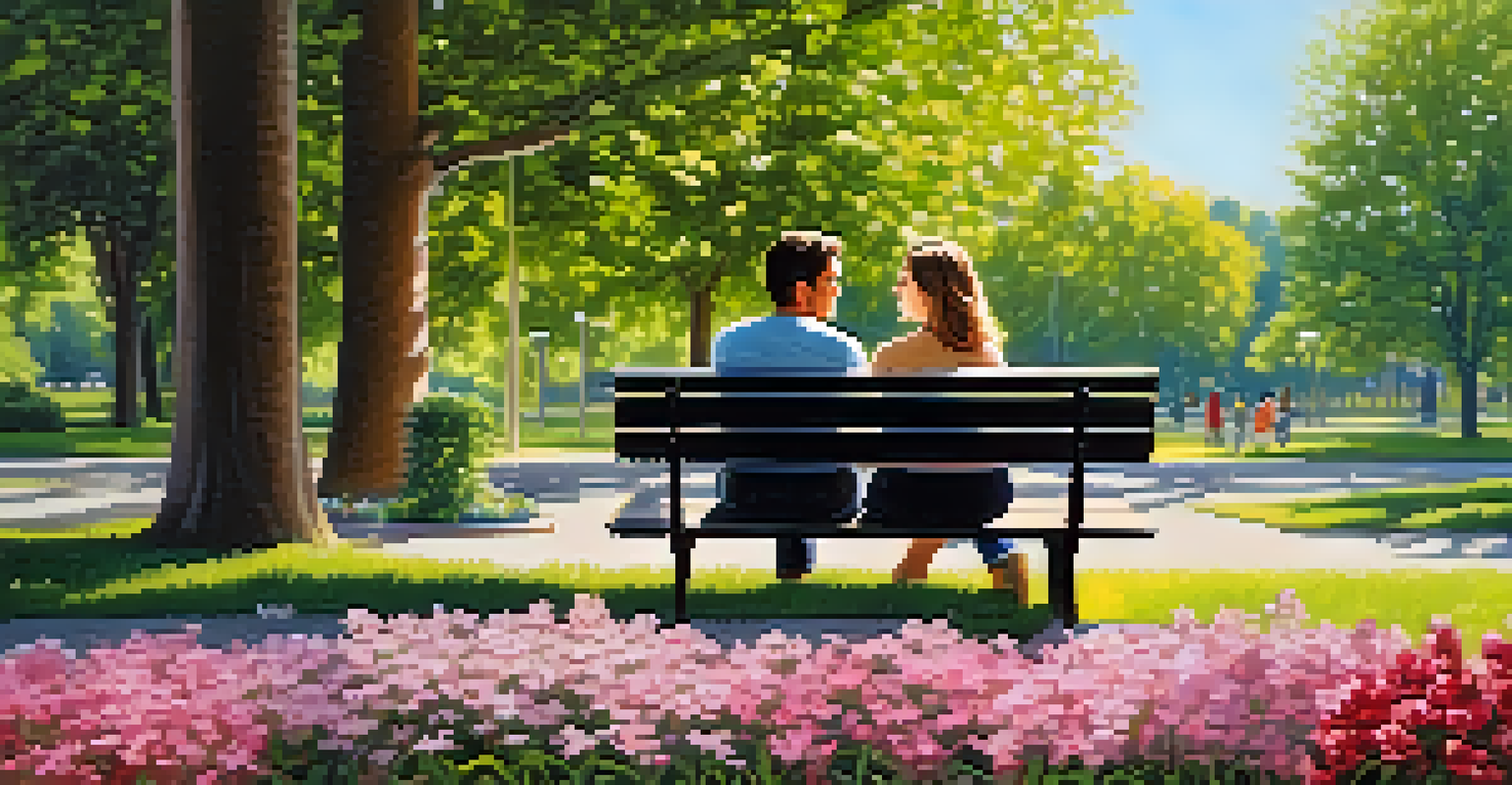 A couple in a park discussing family planning, surrounded by flowers and trees in a sunny setting.