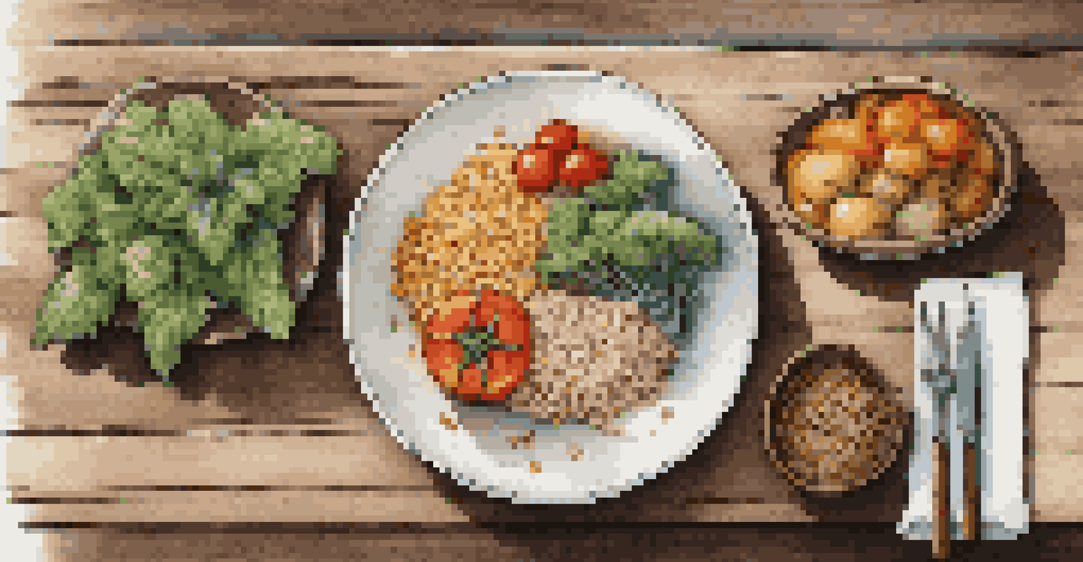A close-up of a balanced plate with lean proteins, whole grains, and vegetables on a wooden table, accompanied by a glass of water.