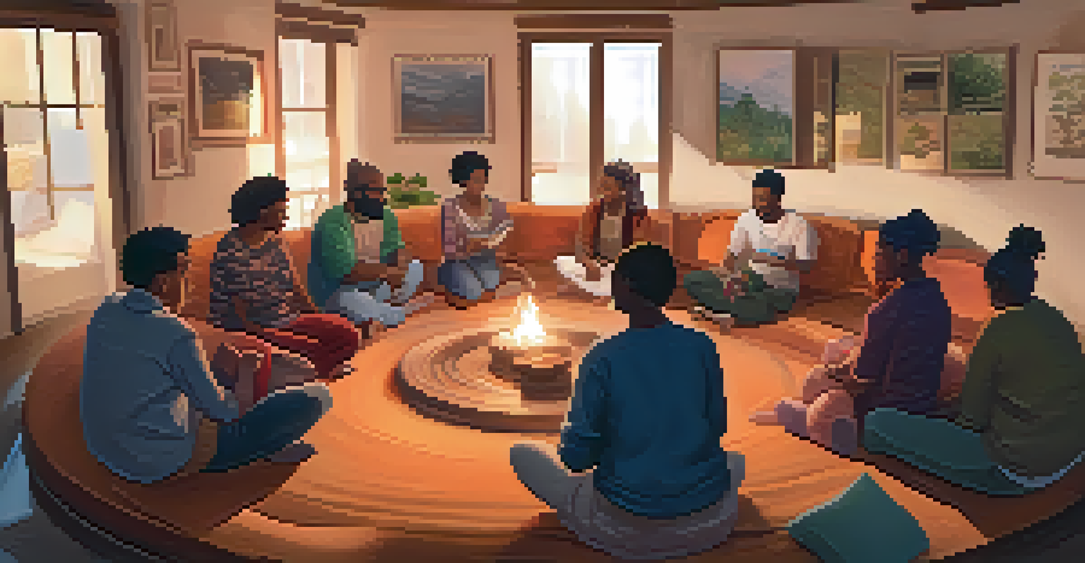 A group of people in a cozy setting sharing stories in a workshop, fostering community connection.