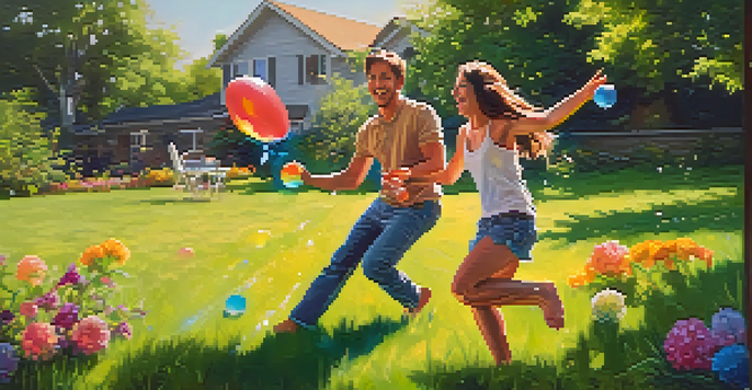 A couple happily playing with water balloons in a sunny garden, surrounded by greenery and colorful flowers.