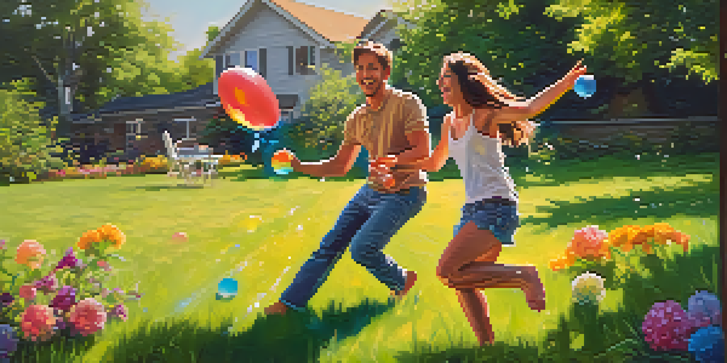 A couple happily playing with water balloons in a sunny garden, surrounded by greenery and colorful flowers.