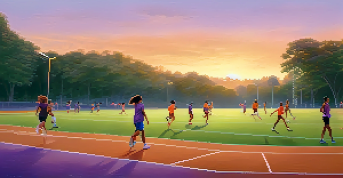 A group of diverse athletes training gently on an outdoor sports field at sunset, with a warm-colored sky and lush green grass.