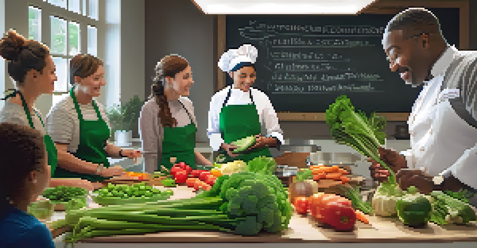 A close-up of a chef demonstrating healthy cooking techniques, holding a green vegetable while participants watch attentively in a well-lit kitchen.