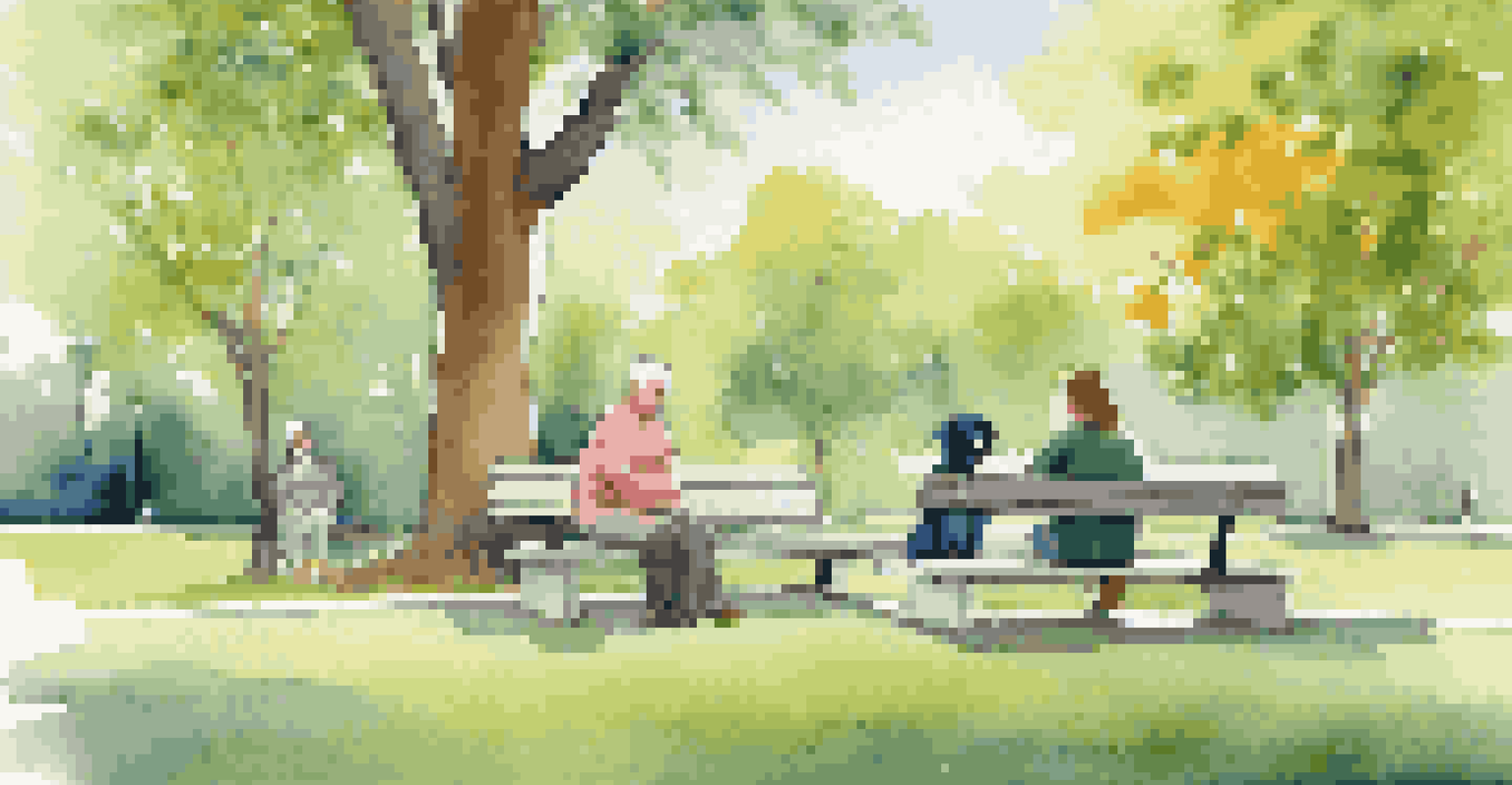 A therapist and client interacting with a therapy dog in a sunny park, surrounded by greenery and flowers.