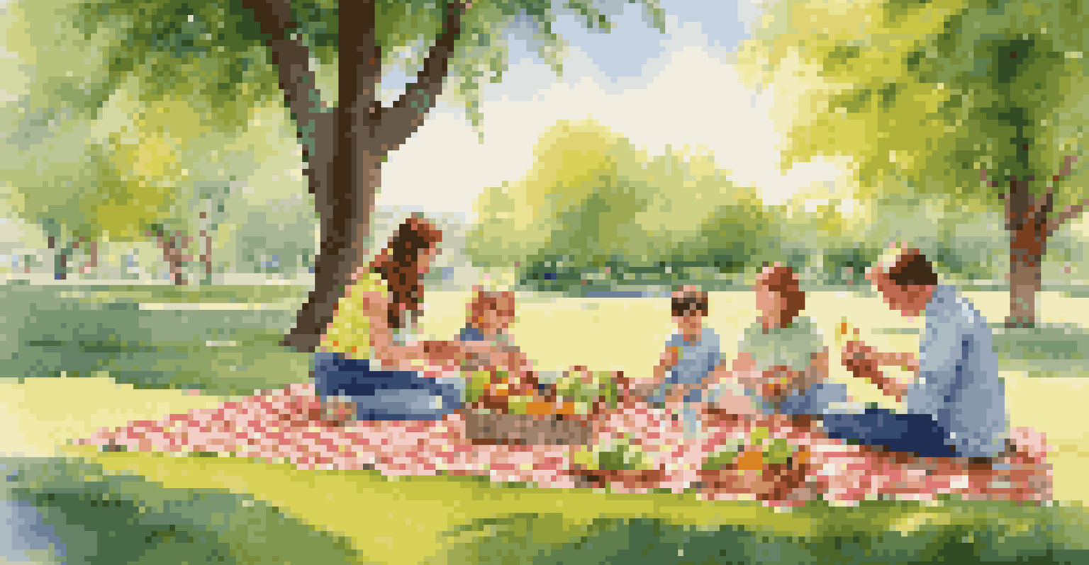 A family enjoying a picnic in a sunny park with children playing nearby.