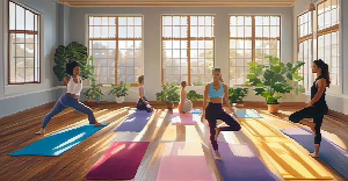 A yoga studio with diverse individuals practicing yoga poses on colorful mats, surrounded by indoor plants and natural light.