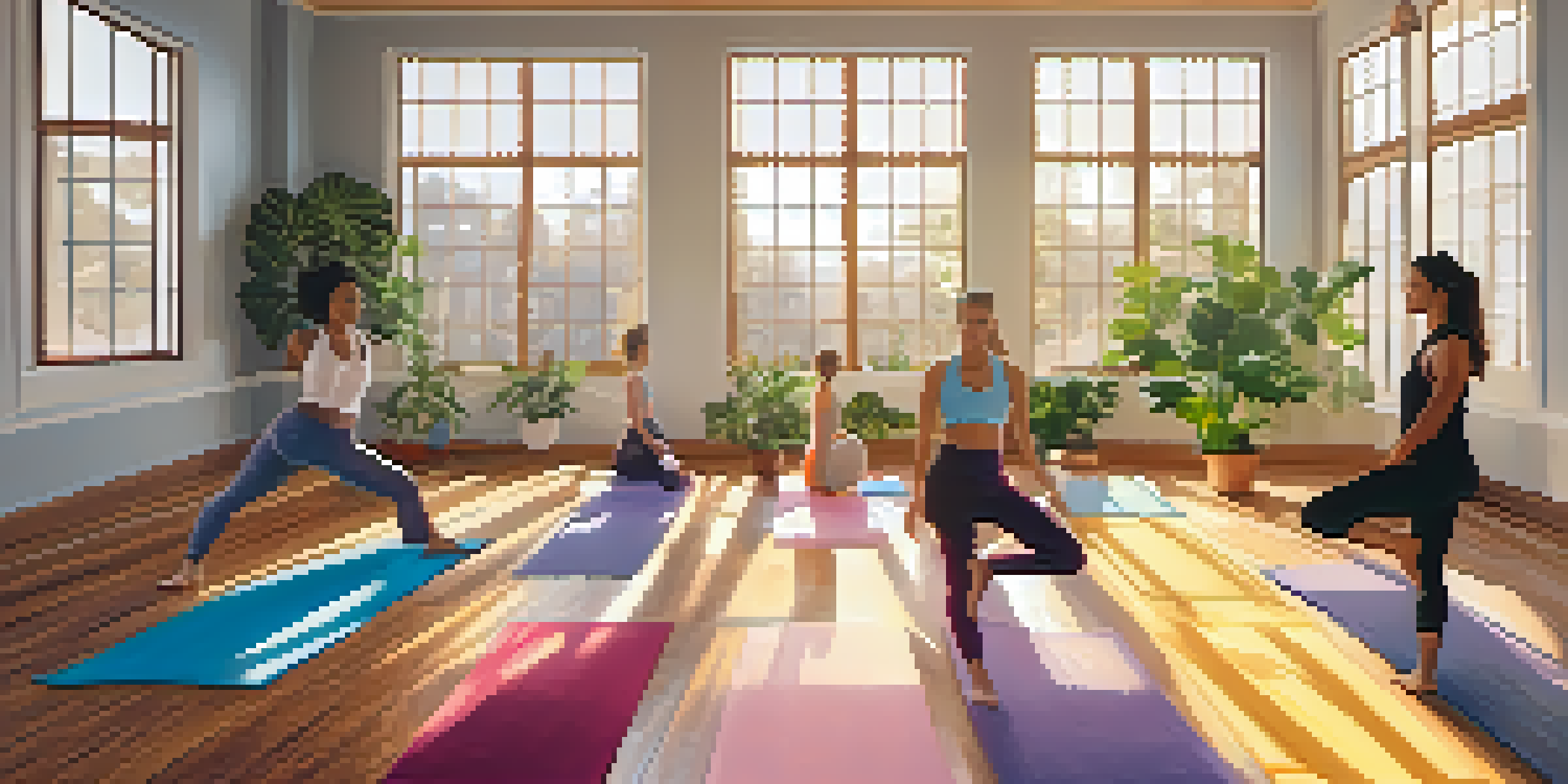 A yoga studio with diverse individuals practicing yoga poses on colorful mats, surrounded by indoor plants and natural light.