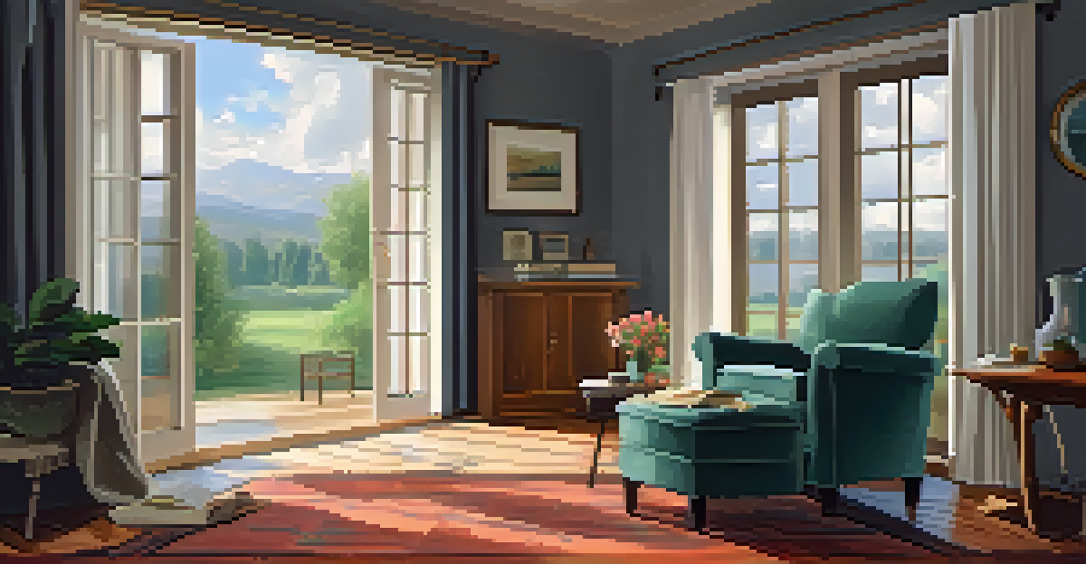 A cozy indoor setting with an armchair, tea, and a rainy window, perfect for relaxation.