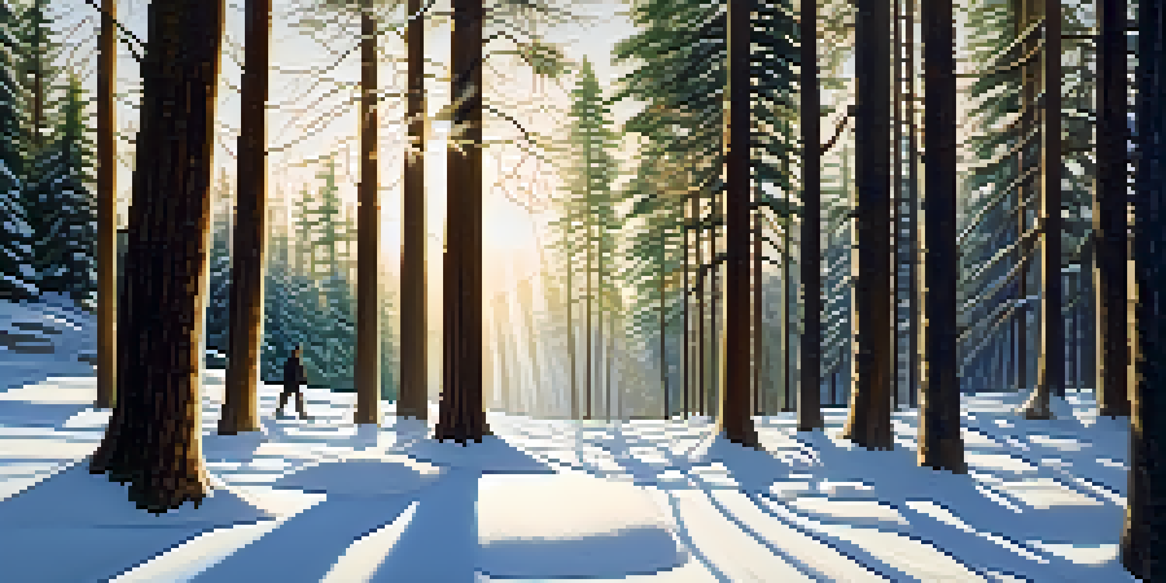 A peaceful winter forest with a person walking on snow, illuminated by soft sunlight.