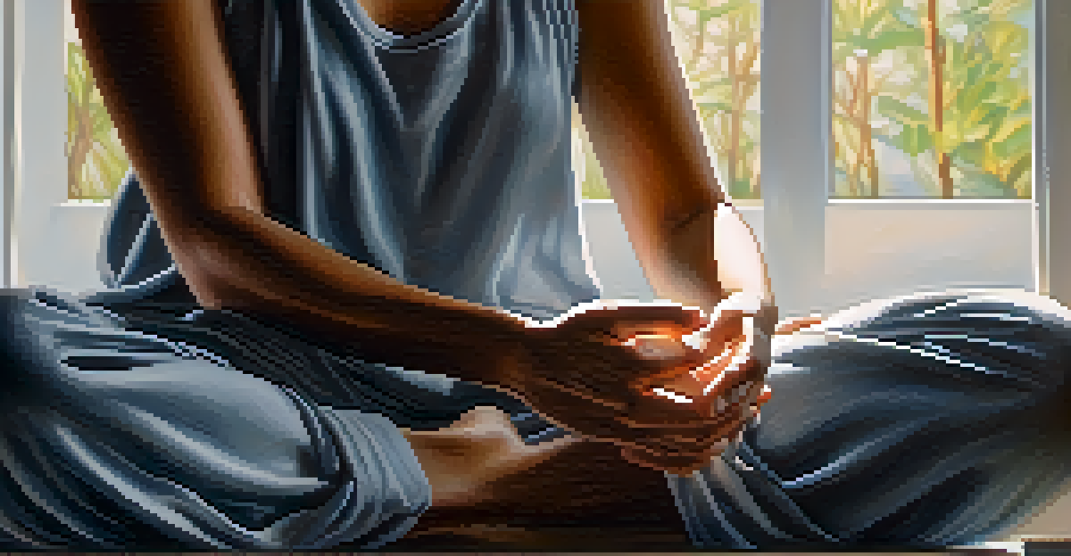 A close-up of hands resting on knees in a meditation pose, with sunlight highlighting a person's serene face.