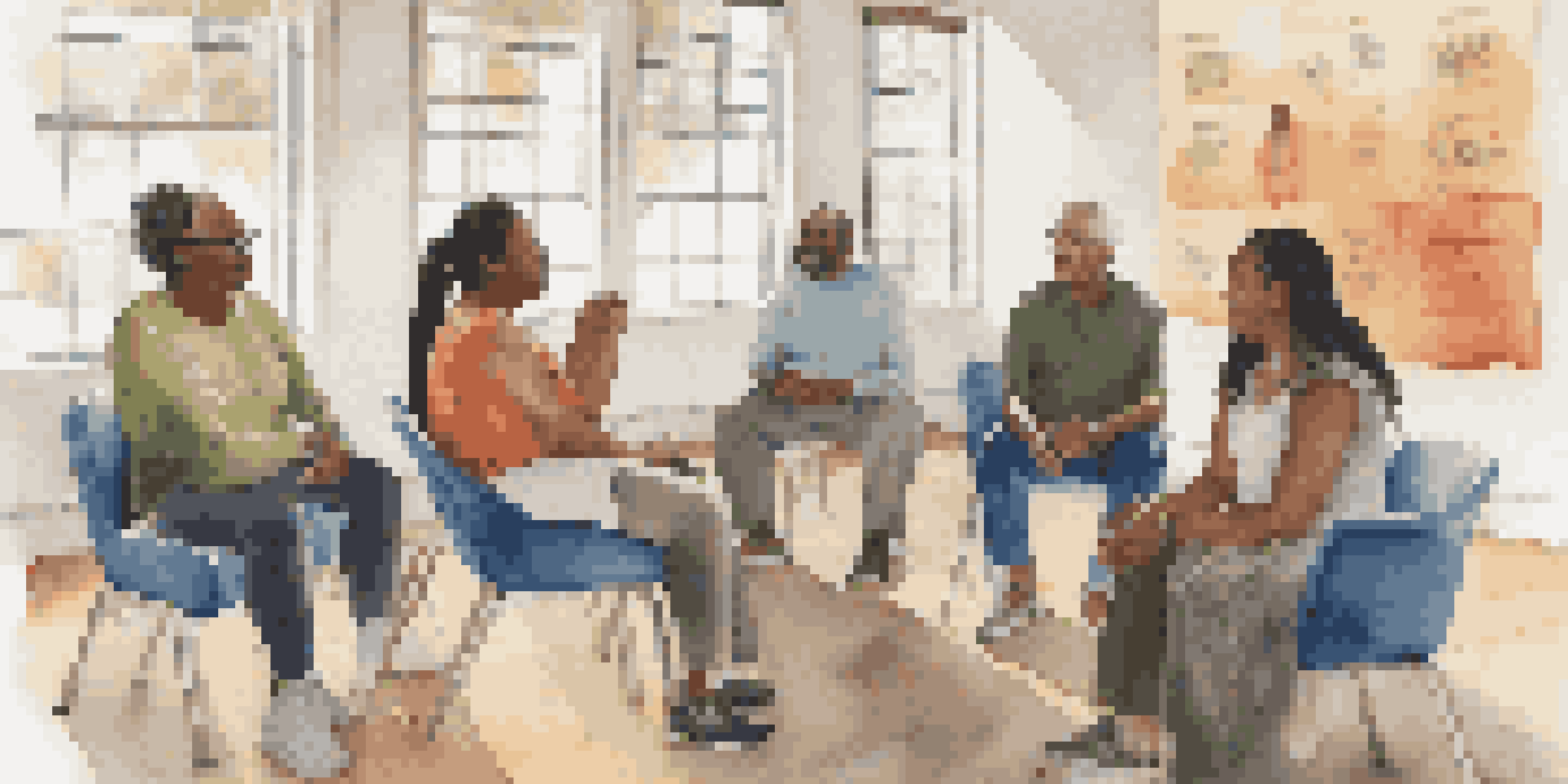A diverse group of people discussing health equity in a well-lit community center.