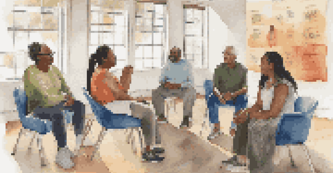 A diverse group of people discussing health equity in a well-lit community center.