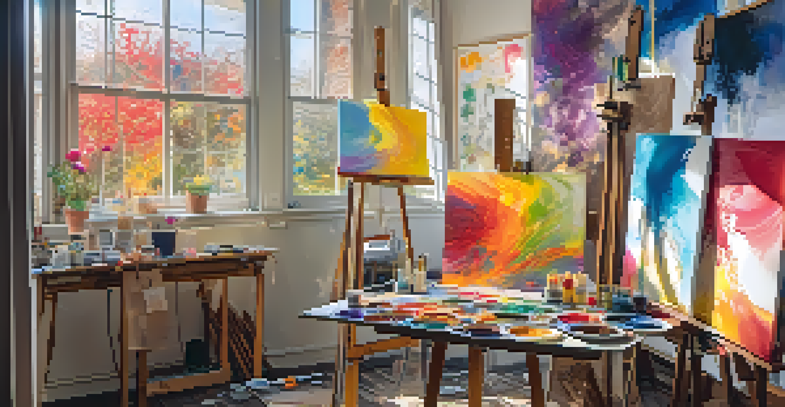 An artist painting on an easel in a colorful studio, surrounded by canvases and sunlight.