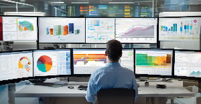 A healthcare professional at a desk with multiple computer screens displaying health data and colorful graphs.