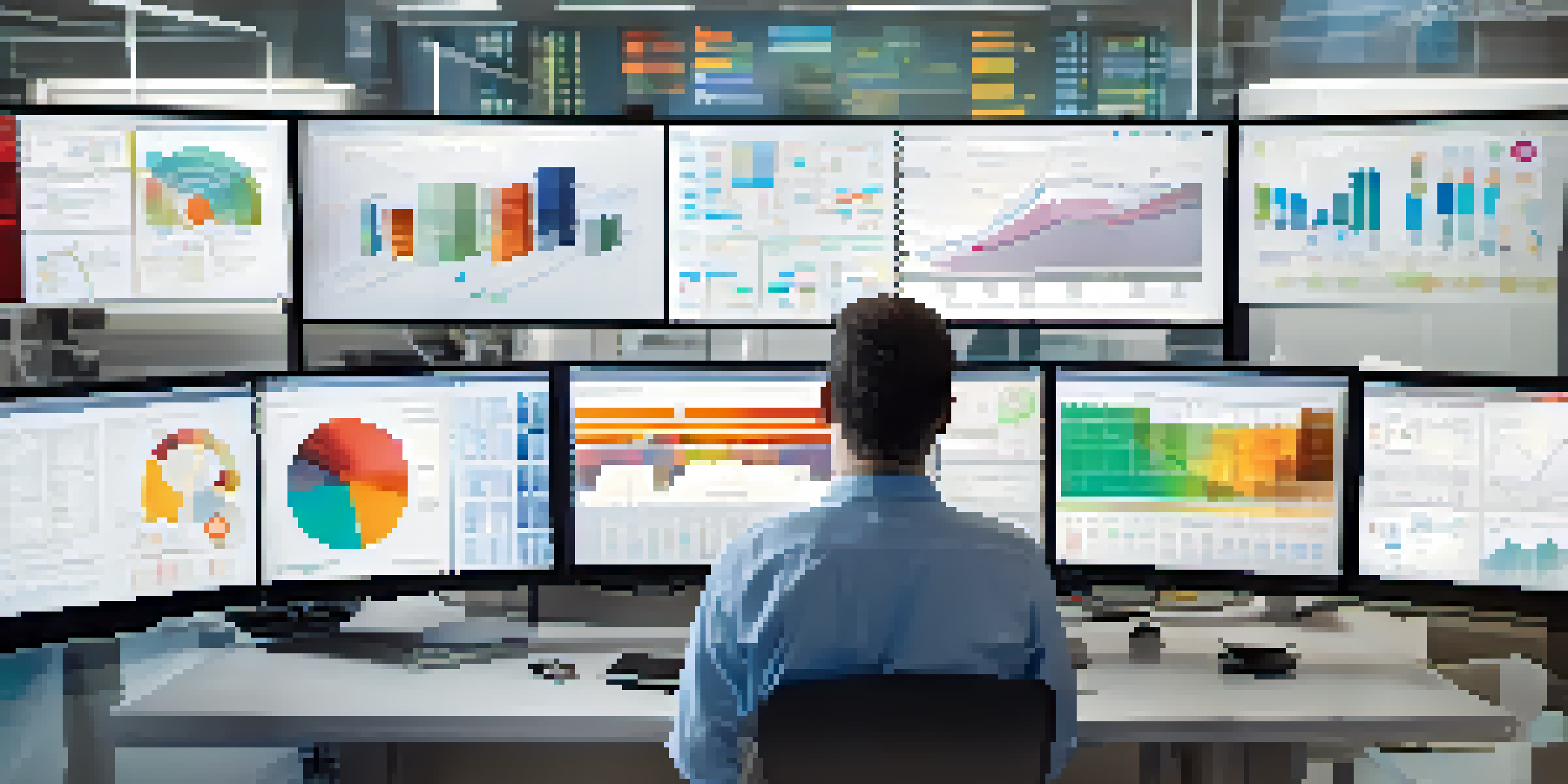 A healthcare professional at a desk with multiple computer screens displaying health data and colorful graphs.