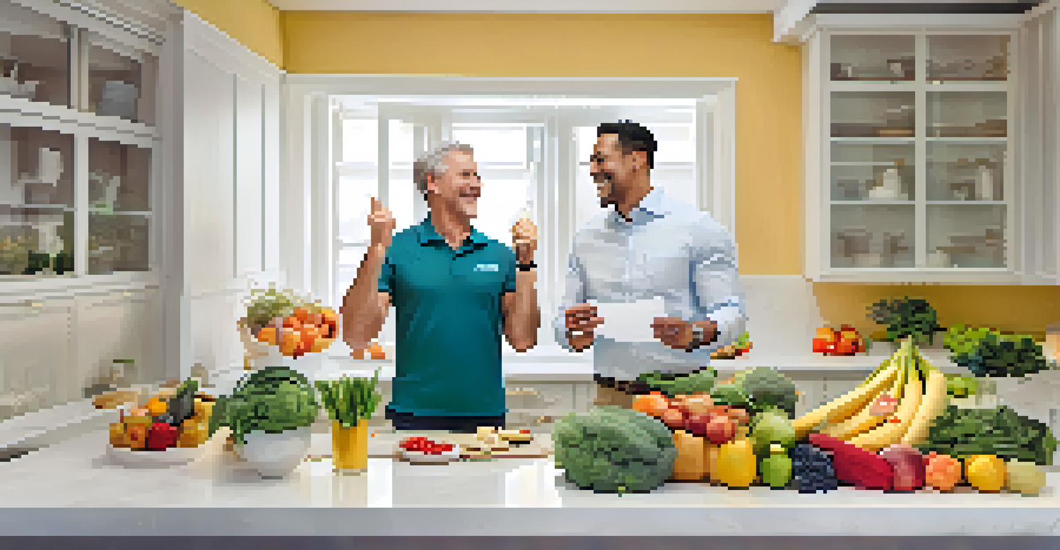 A health coach and a client celebrating success in a bright kitchen filled with fresh produce.