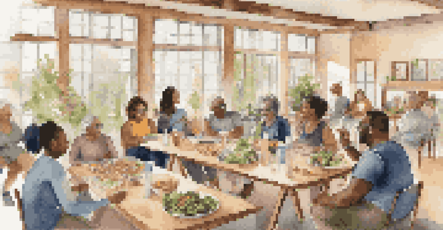 A diverse group of people in a cozy community center sharing experiences during a wellness workshop with healthy snacks in the background.