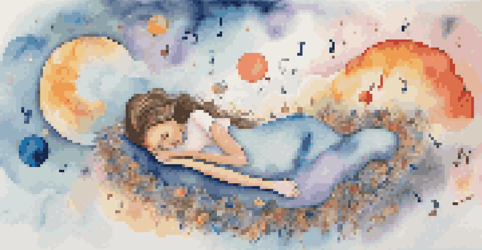 A peaceful sleeper with colorful dream clouds above, filled with creative symbols like musical notes and lightbulbs.