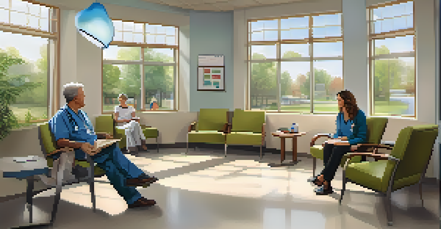 A welcoming healthcare waiting room with diverse patients interacting, showcasing inclusive imagery and a bright, friendly environment.
