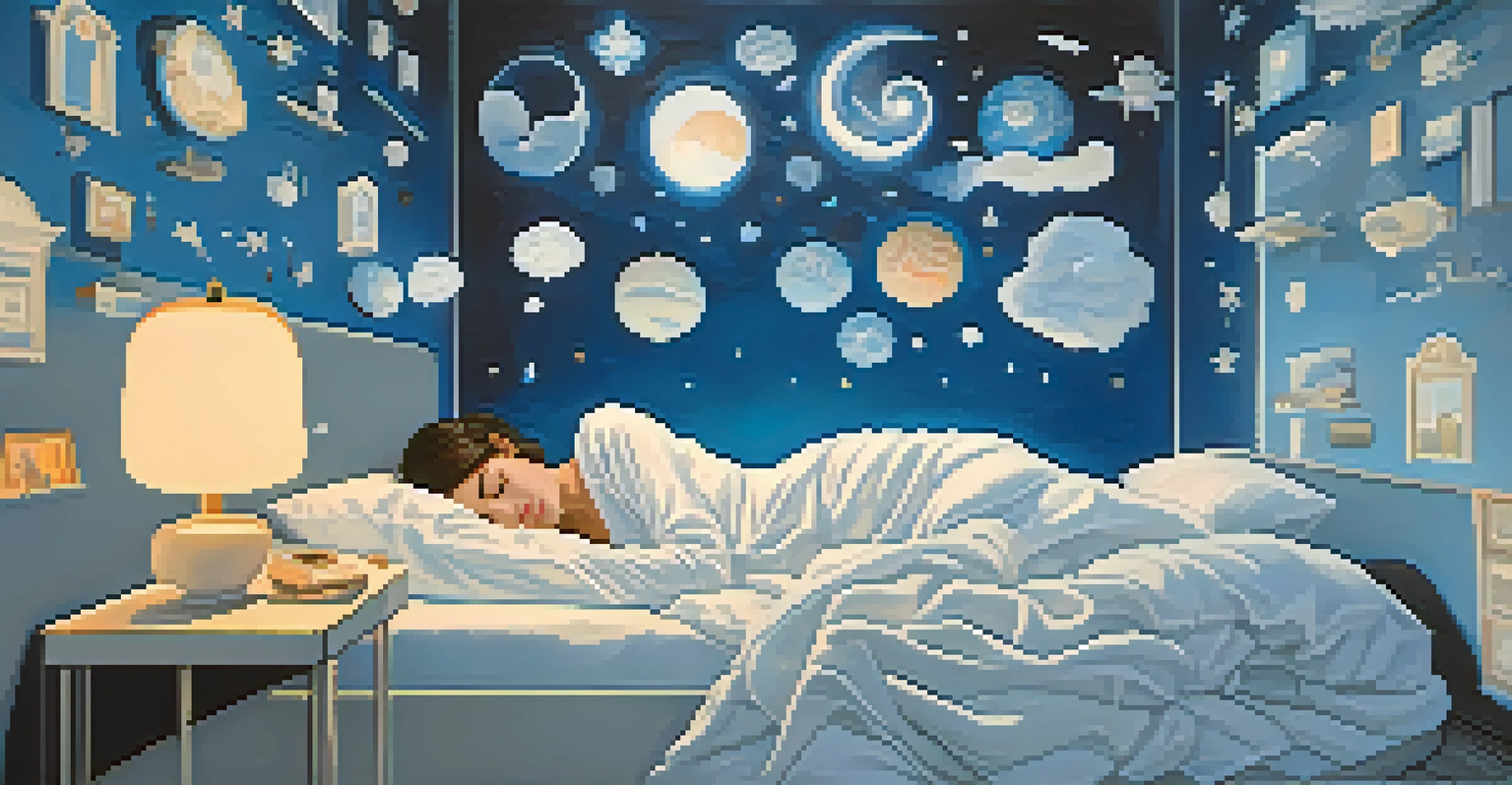 A person sleeping peacefully in bed with floating icons representing different sleep disorders around them.