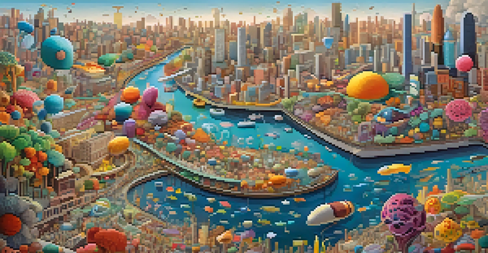 An artistic representation of a healthy gut microbiome depicted as a lively city with diverse microorganisms, illuminated by warm light.