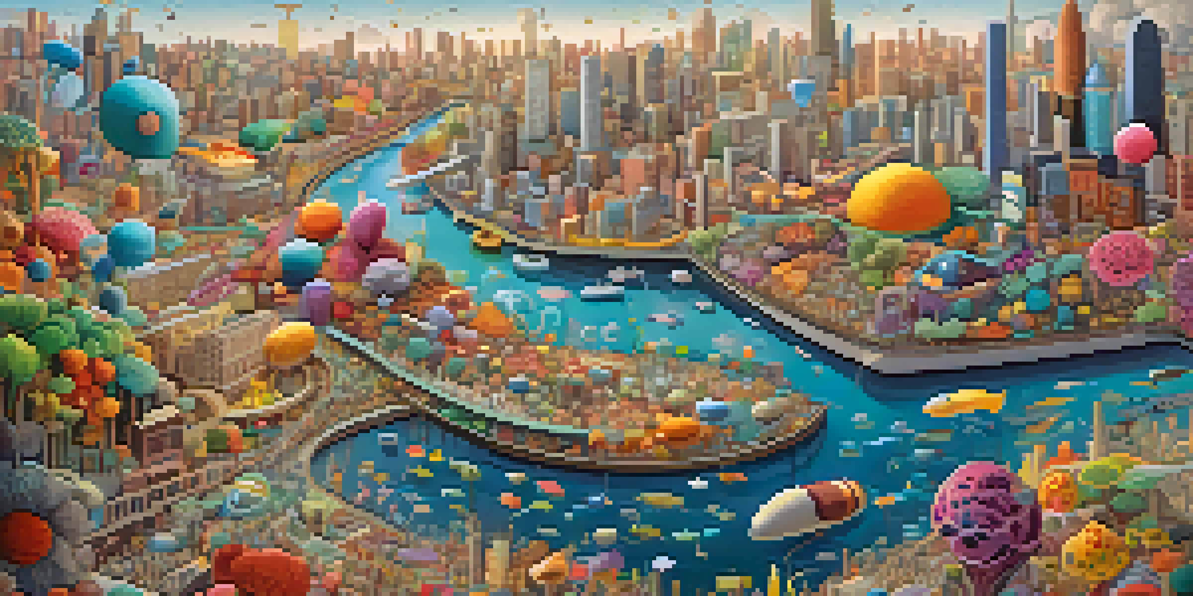 An artistic representation of a healthy gut microbiome depicted as a lively city with diverse microorganisms, illuminated by warm light.