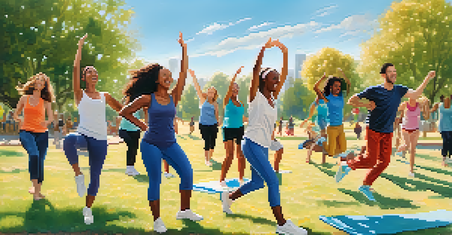 A diverse group of friends practicing yoga in a sunny park, representing the connection between physical activity and mental health.