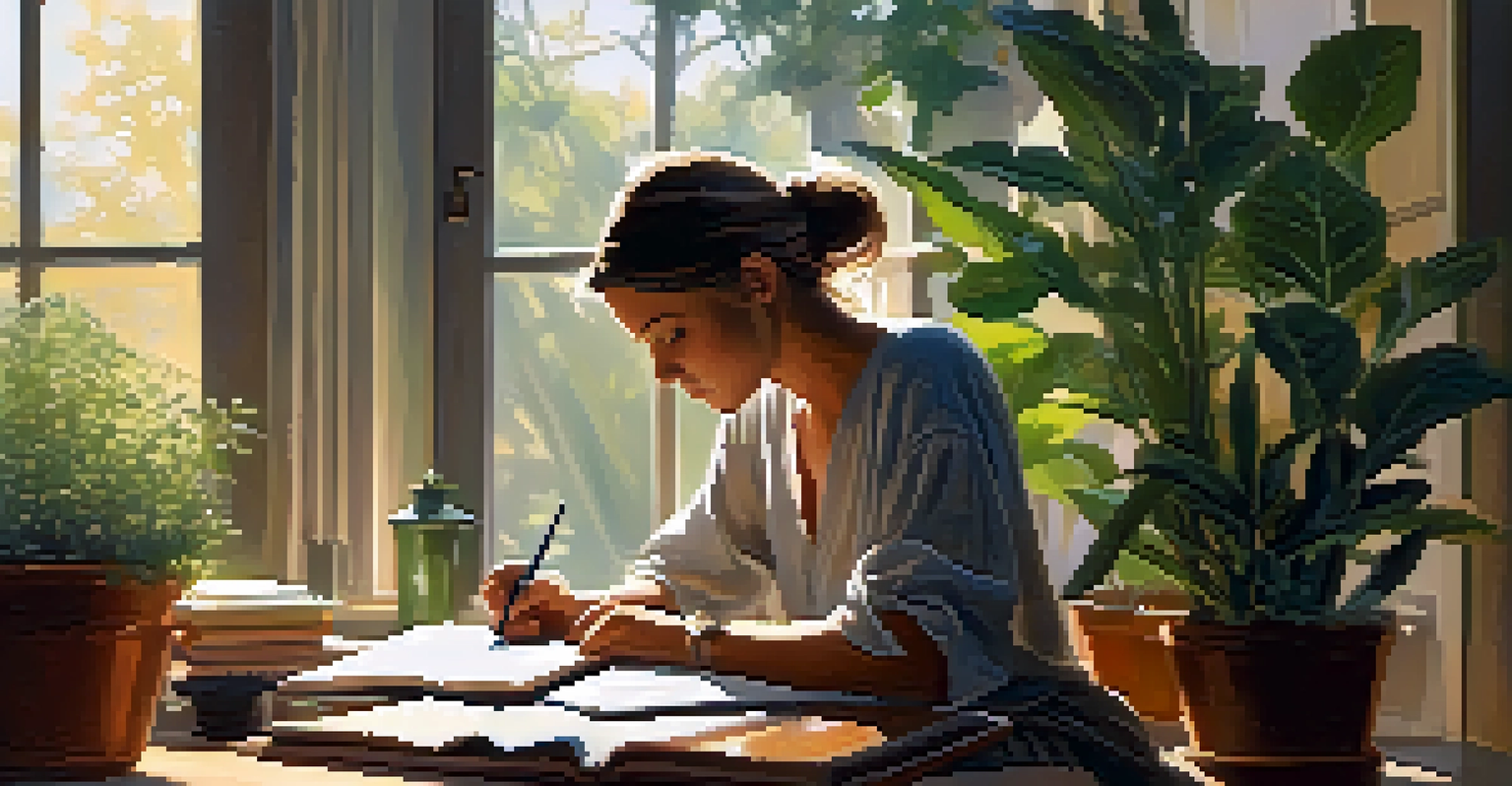 A person journaling in a cozy room filled with plants and books, illuminated by soft morning light.