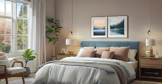 A peaceful bedroom designed for seniors, showcasing a comfortable bed with soft bedding and warm lighting, ideal for promoting relaxation.