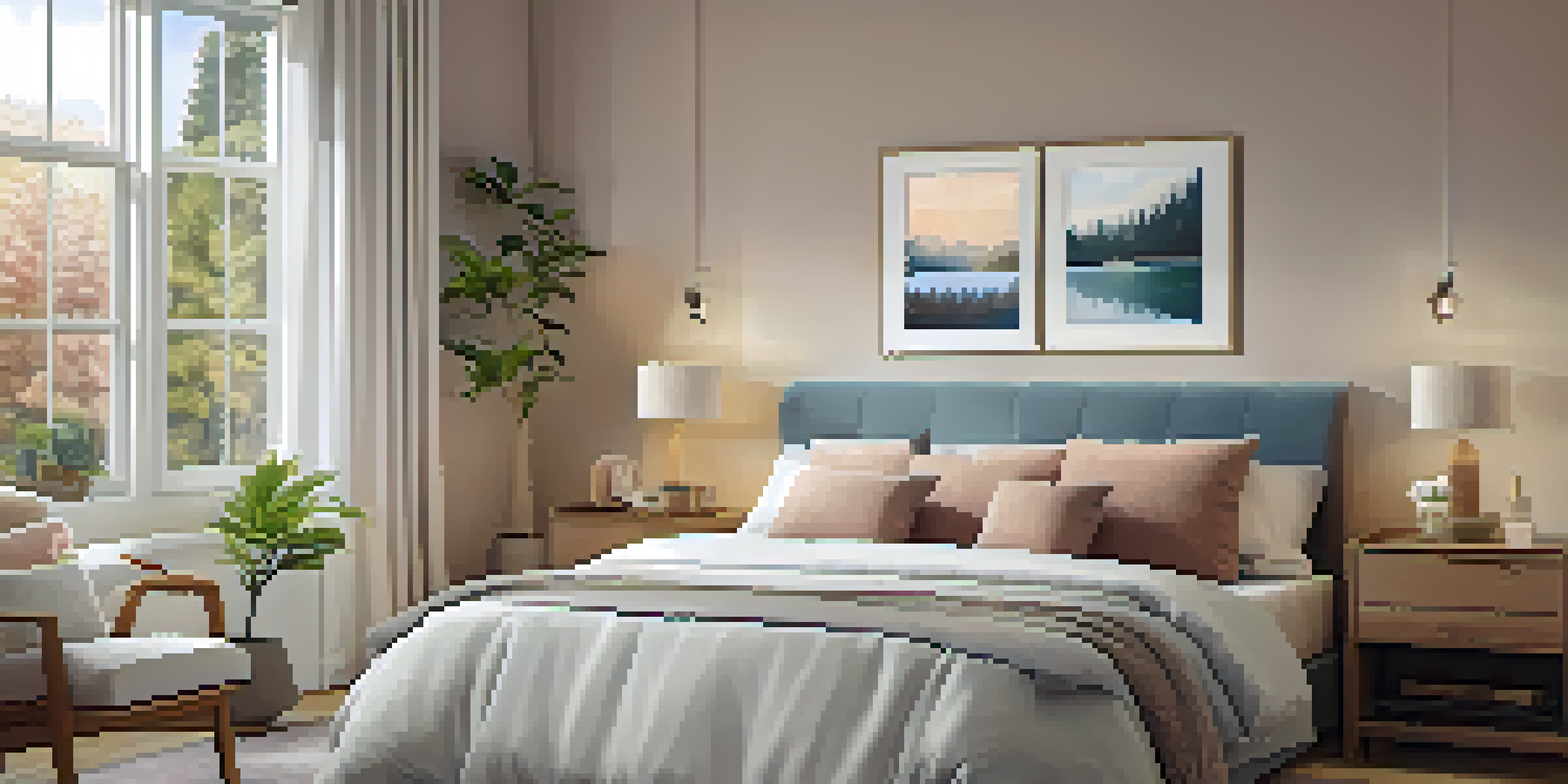 A peaceful bedroom designed for seniors, showcasing a comfortable bed with soft bedding and warm lighting, ideal for promoting relaxation.