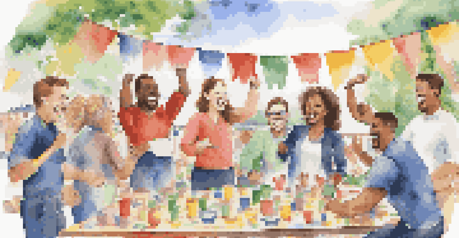 Employees enjoying a team-building activity outdoors, laughing and participating in a workshop with colorful banners in the background.
