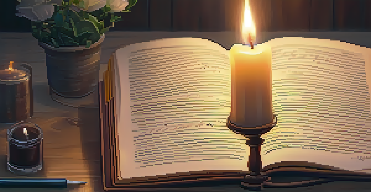 A hand writing in a journal with a candle beside it, showcasing a peaceful intention-setting moment.