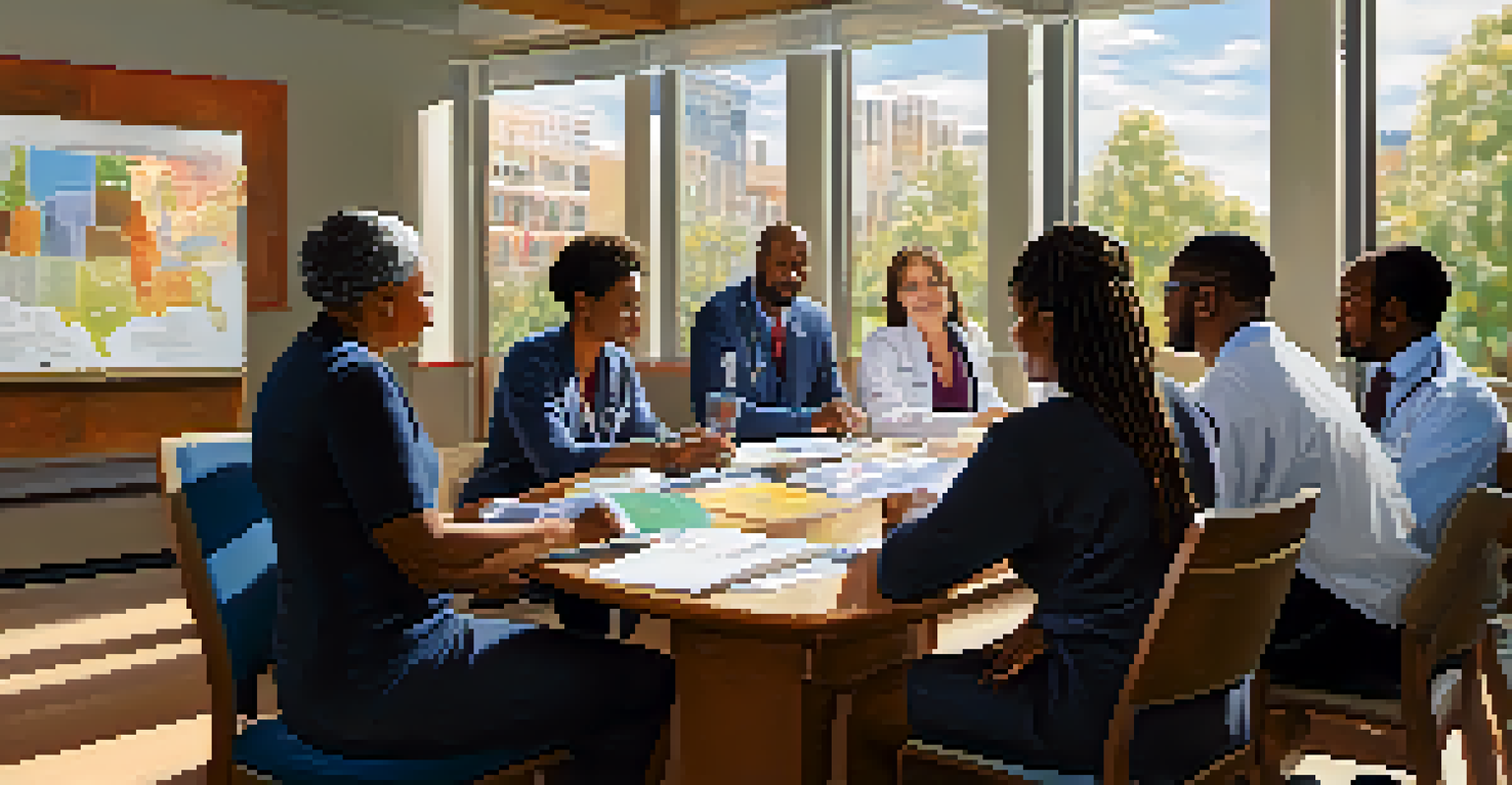 Healthcare providers and community leaders discussing strategies for health equity around a table, with charts displayed on the wall.