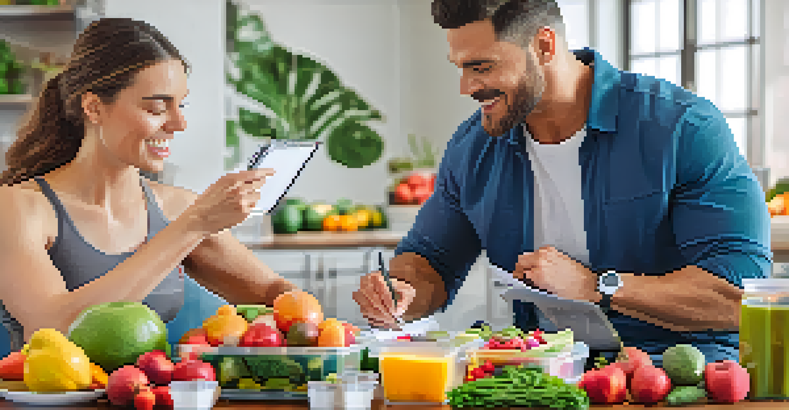 A health coach and client discussing nutrition at a table with healthy meal prep containers and charts.