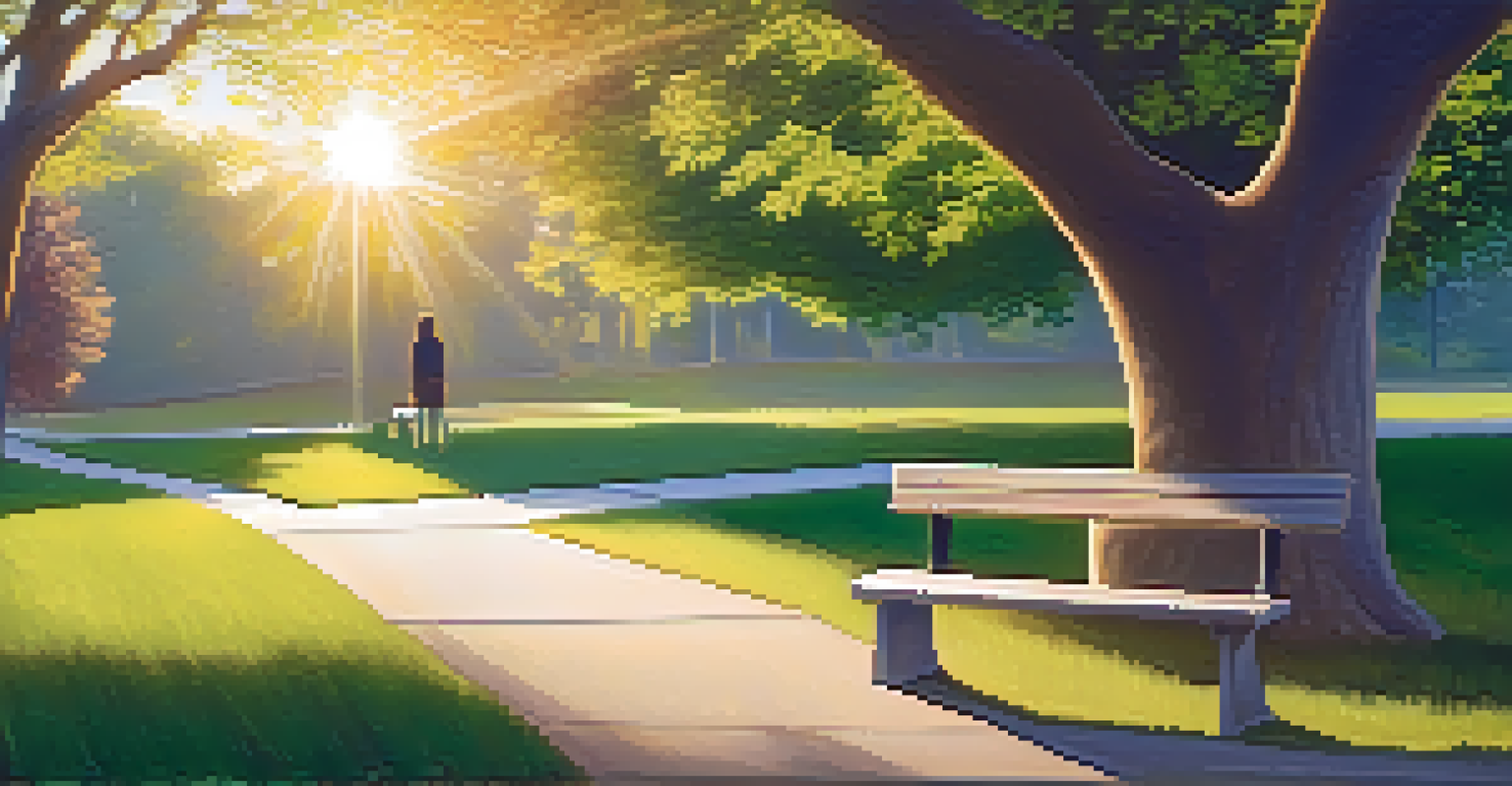 A person sitting on a bench in a park, with a friend standing nearby, both appearing engaged in a supportive conversation.