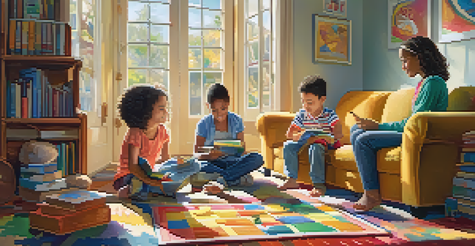 A family engaging in a problem-solving activity on the floor of a cozy living room, with sunlight streaming in and colorful decor.