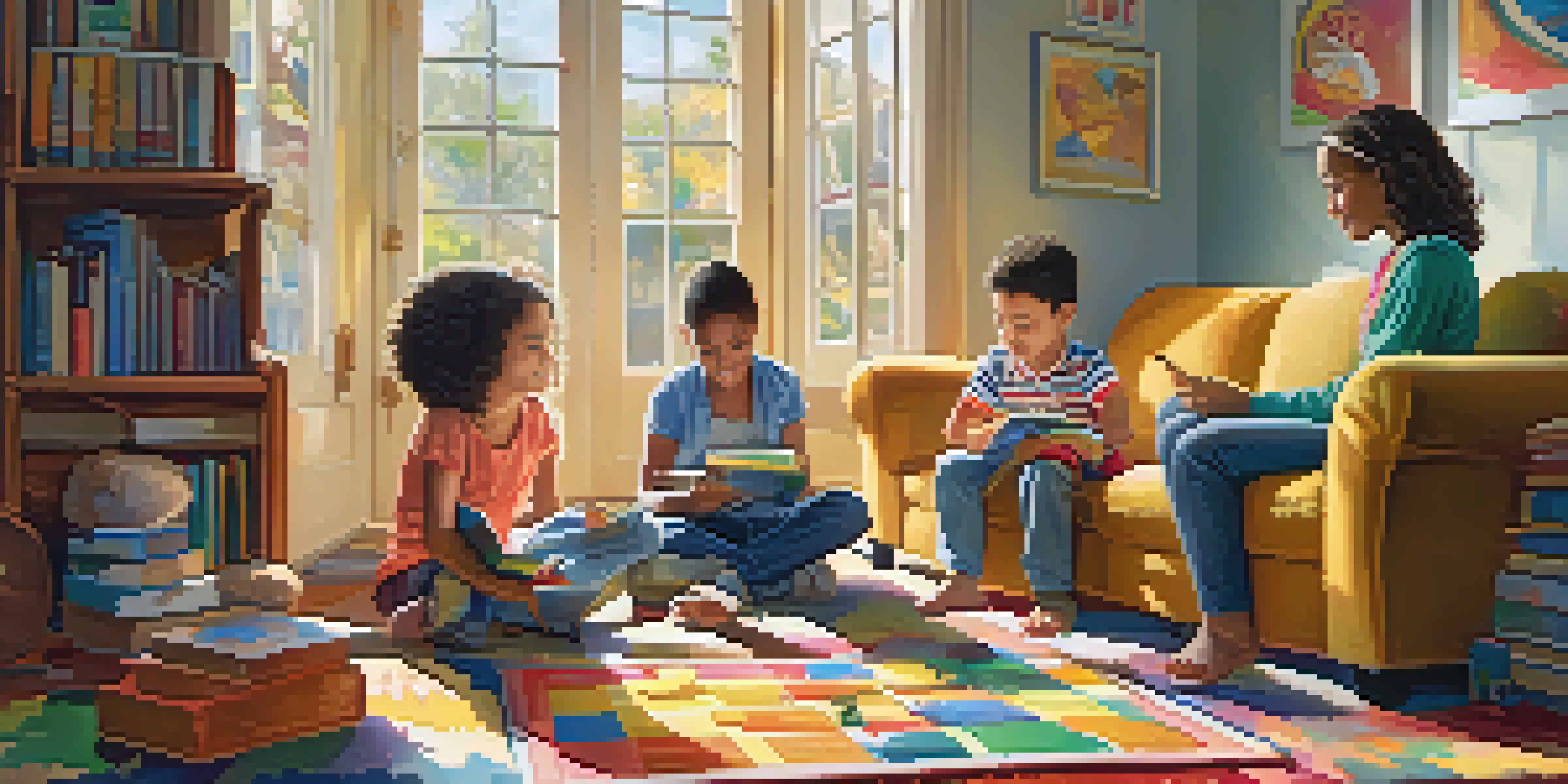 A family engaging in a problem-solving activity on the floor of a cozy living room, with sunlight streaming in and colorful decor.