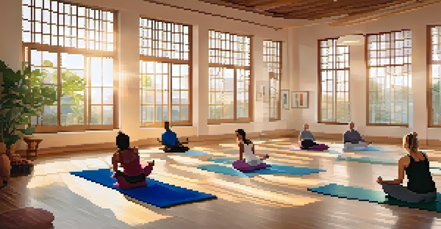 A bright yoga studio filled with individuals practicing yoga, while an acupuncturist prepares for a session in the background.